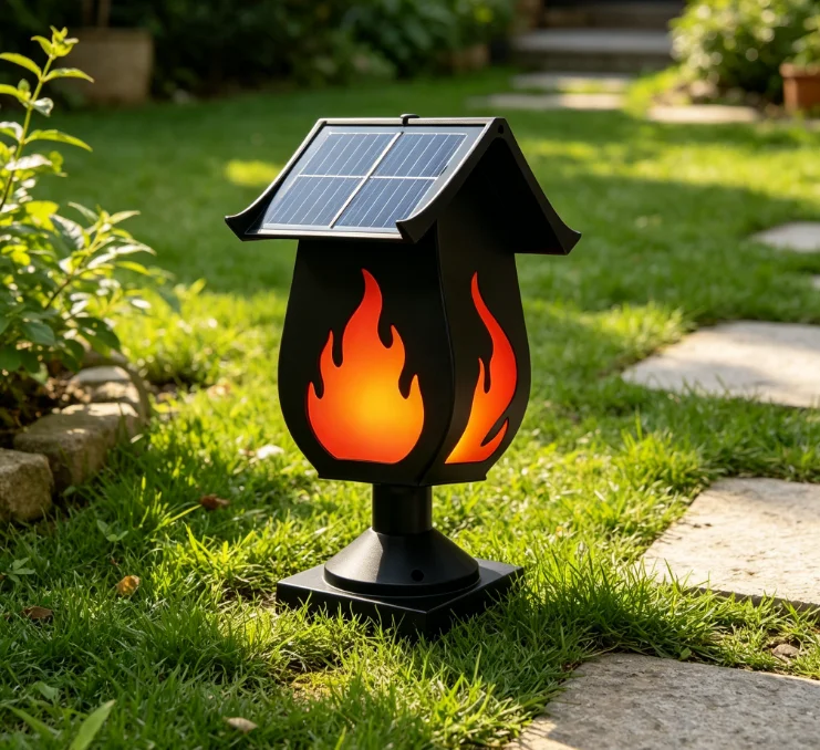 Outdoor Lighting And Landscape - ソーラー式の柱型ライト。炎を模したデザインで、屋外での使用に適しており、防水機能付き。庭や中庭、景観の装飾に最適。