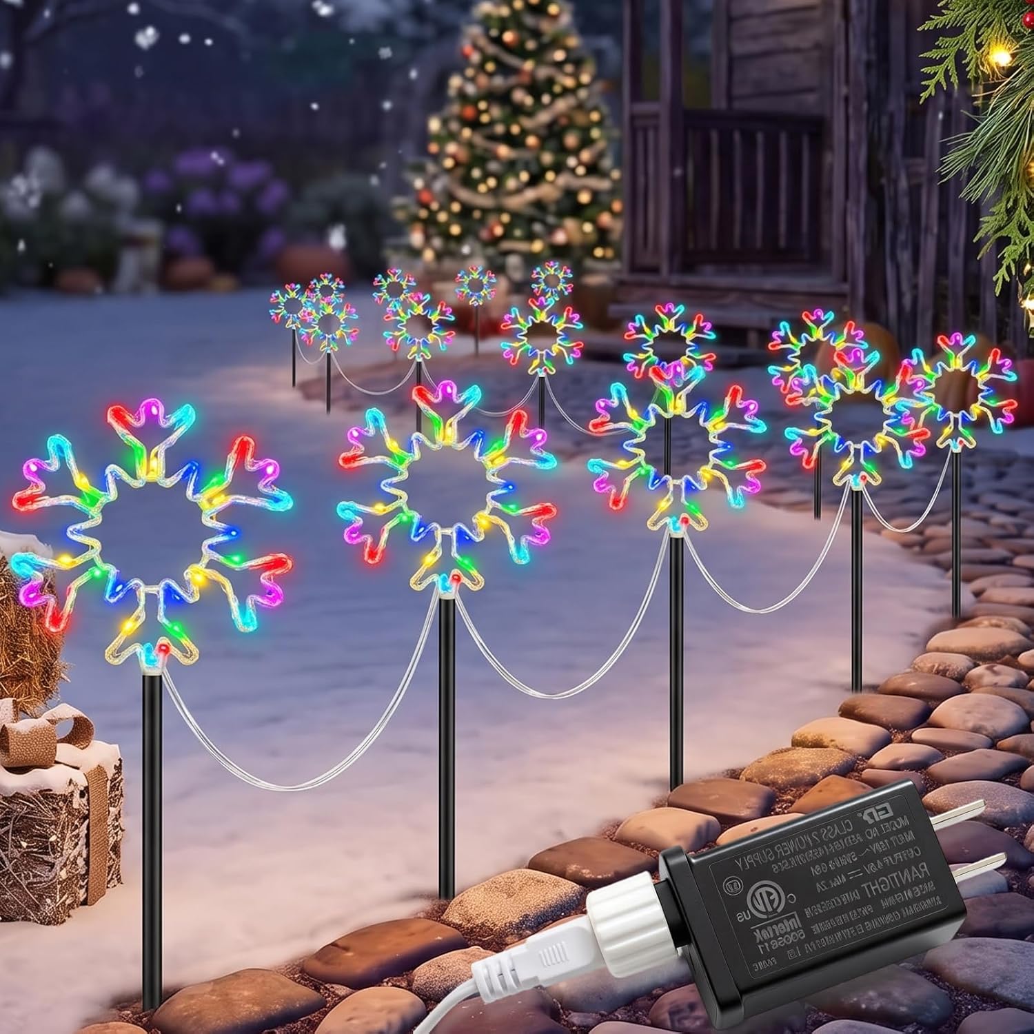 Outdoor Lighting Pathway - クリスマス・スノーフレーク・ガーデンライトセット、全長25フィート、10個入り、地面に固定するタイプのスノーフレークライト