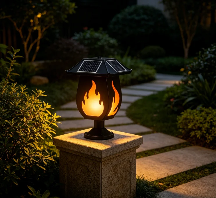 ソーラー式の柱型ライト。炎を模したデザインで、屋外での使用に - Outdoor Lighting And Landscape のレビューと価格