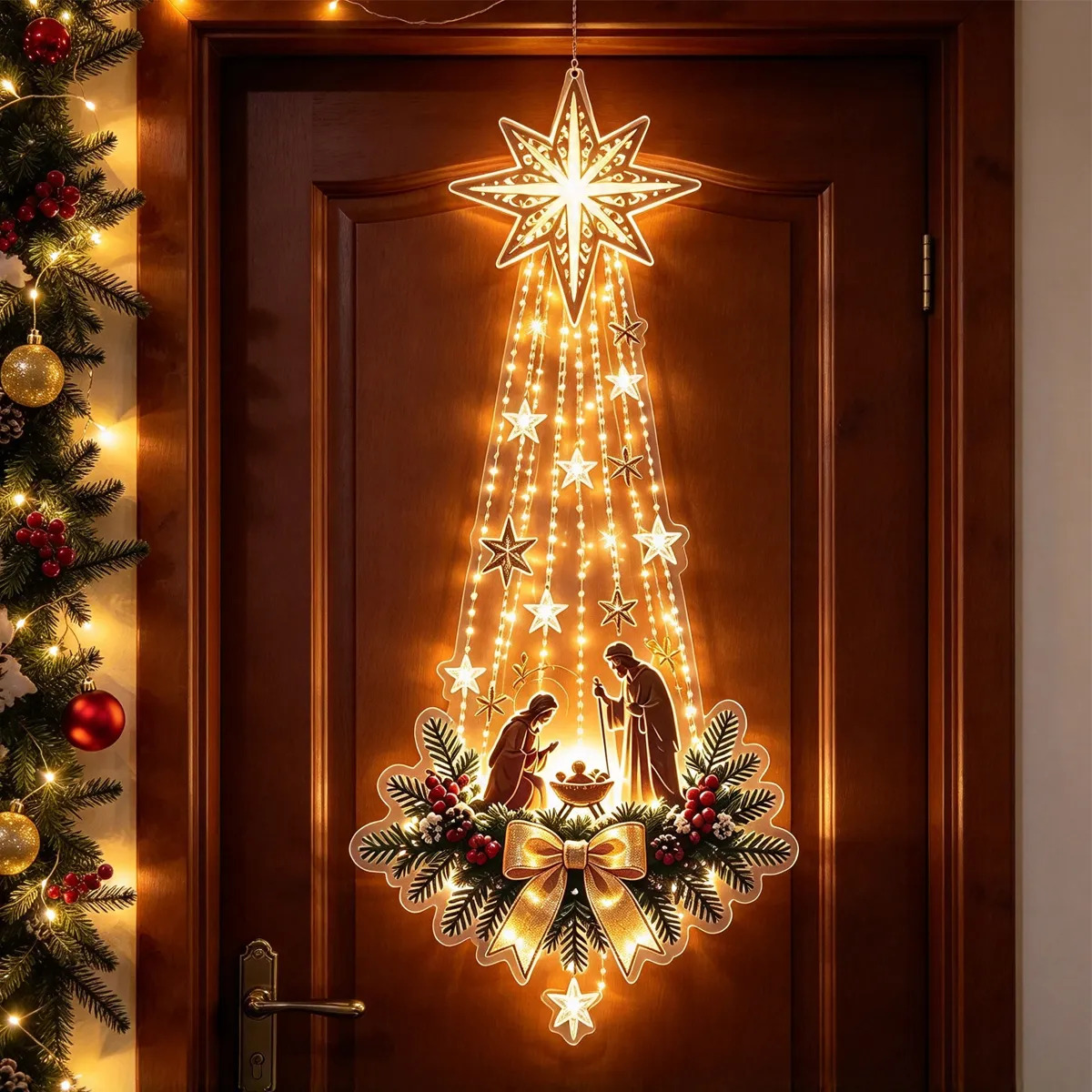 クリスマス用ドアハンガー1個。LEDライトで光る装飾品。玄関 - Outdoor Lighting Effects のレビューと価格
